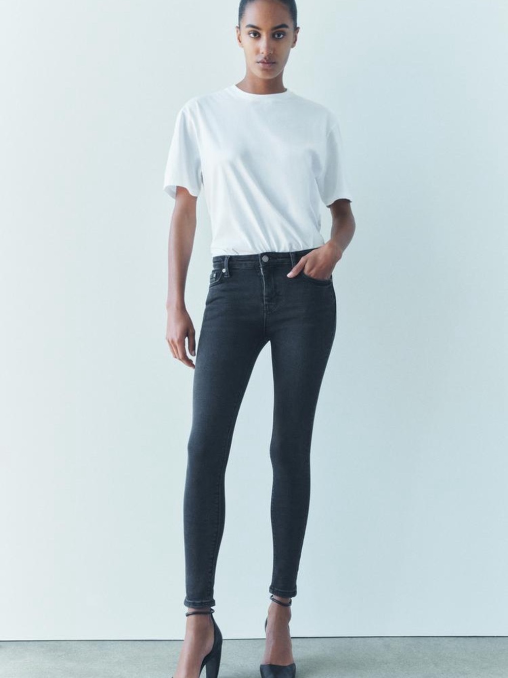 Zara ZW Collection Skinny High-Waist Jeans Washed Black Faded Style Women's 10